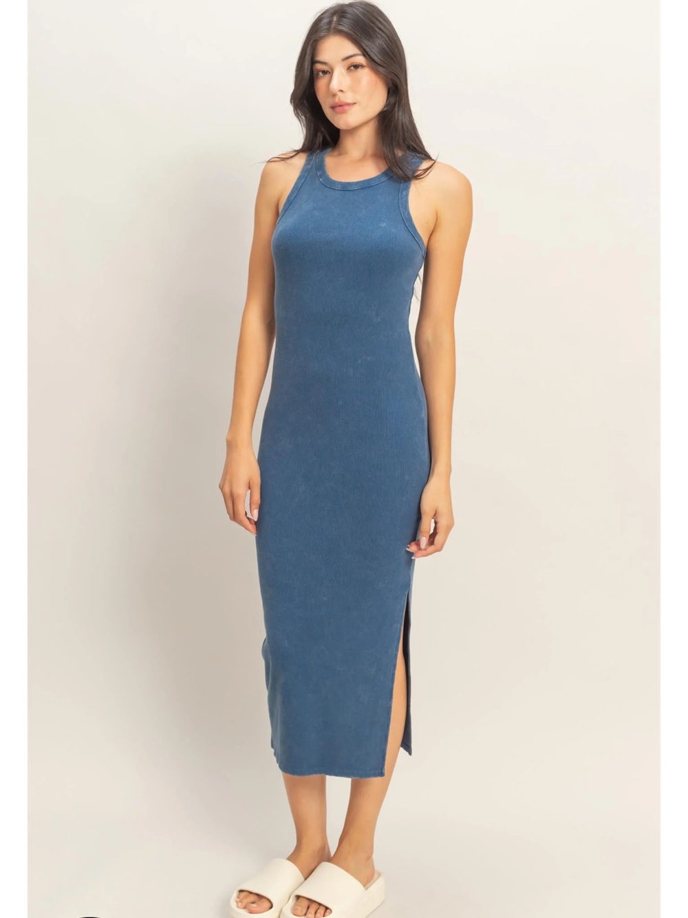 NEW Double Zero Navy Blue Ribbed Slit Midi Tank Dress Acid Wash Small - Picture 2 of 6